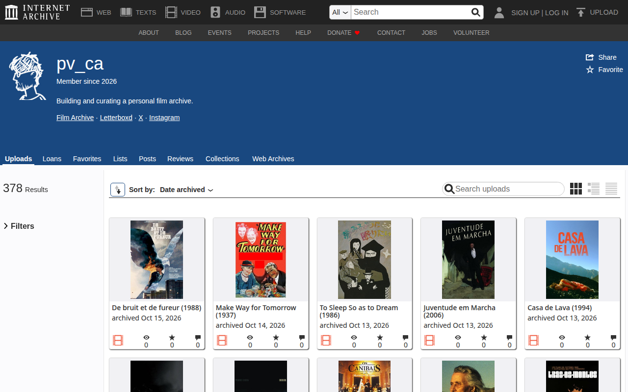 Perfil pv_ca no Internet Archive com a lista de uploads