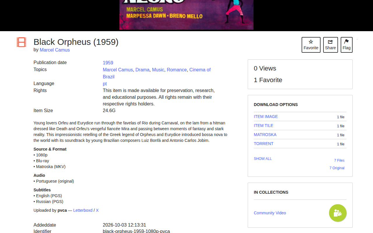 Página do filme Black Orpheus mostrando Item Size 24.6G